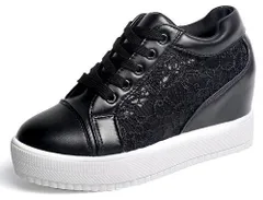 [アスペルシオ] 可愛い インヒールスニーカー レースアップ はきやすい 厚底 お洒落 靴 レディース ヒールアップ シューズ おしゃれスニーカー 底上げ カジュアルシューズ シークレットシューズ 底上げシューズ 厚底 [レース ブラック] [24.0 cm]