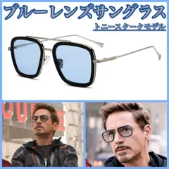シルバーフレーム ブルー レンズ サングラス トニースターク スクエア 黒ブチ