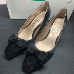 新品未使用 銀座かねまつ パンプス ブラック 黒 エナメル 22cm リボン付き レディース シューズ 靴 女性用