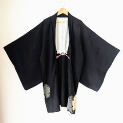 Japanese Vintage Haori Long Black Snowflakes pattern Silk Kimono Jacket Old-ⅽloth 長羽織 羽織 正絹 縮緬 黒 絞り 雪輪文様 古布 時代布 一点物 大正浪漫 和洋折衷