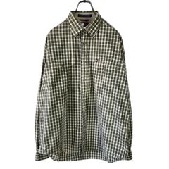 TOMMY HILFIGER 90s トミーヒルフィガー 長袖シャツ フラッグ刺繍ロゴ モスグリーン チェック メンズ Mサイズ