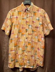 90s CHAPS RALPH LAUREN 半袖ボタンダウンパッチワークシャツ オレンジ Mサイズ