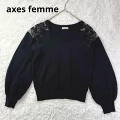 axes femme  アクシーズファム　肩シースルー　花柄レース　長袖ニット　セーター　黒　M