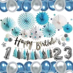 ブルー deerzon 誕生日 飾り付け ペーパーファン バルーン タッセル ガーランド 男の子 女の子 1歳 2歳 3歳 風船 (ブルー)
