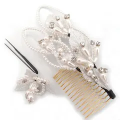髪飾り ２点セット シルバー コーム かんざし 簪 振袖 成人式 ヘッドドレス キラキラ 髪留め パールビーズ 日本製 ウエディング 着物 浴衣 和装 洋装 袴 黒留 結婚式 お呼ばれ パーティ フォーマル ヘアコーム 銀 17533 u976　Si
