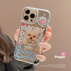 わんこ パピー犬 子犬 ミラー 鏡 立体ハート ビジュー かわいい スマホケース アイフォンケース iPhone11 iPhone12 iphone13 iPhone14 ipho