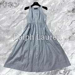 Ralph Lauren ラルフローレン ノースリーブ ロングワンピース コットン 綿 リネン 麻 ギャザー ストレッチ 伸縮性 シャツワンピ ブルー系 青色系 サイズ7 S相当