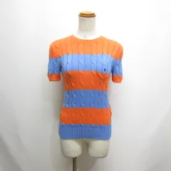 ポロ バイ ラルフローレン Polo by Ralph Lauren ボーダー柄 半袖 ケーブル ニット セーター XS オレンジ×ブルー ポニー刺繍 クルーネック 正規品 タグ付き