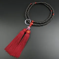 【人気商品】瑪瑙(メノウ)仕立 ８寸数珠袋付 黒檀 本連 二輪 正式念珠 数珠 禅宗 数珠 天然石 ギフト 女性用 法事 葬式 曹洞宗 葬儀 法要 妙蓮花 (エンジ色頭房)