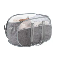 TECHMILLY ランドリーバスケット 横型 折りたたみ 洗濯カゴ 大容量 71L メッシュ ポリエステル ランドリーバッグ 取っ手付き バスルーム 洗濯物入れ 軽量 旅行 ランドリー収納 ゴミ箱 長さ64CM幅さ35CM高さ35CM (グレー、1PCS)