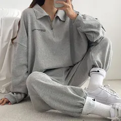 セットアップ レディース 長袖 上下セット 無地 プルオーバー ルームウェア スウェット ポロネック 秋 カットソー トップス ロングパンツ カジュアルhaojiang17