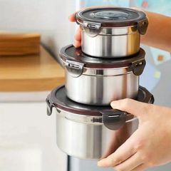 ステンレススチール保存容器セット3pcs/セット ステンレス鋼製食品保存容器 蓋付き、大人用サラダドレッシング 食品グレード サラダ スナック容器、漏れ防止&再利用可能冷蔵庫保存ボックス、密封ボウル、クリスパーケース、食品保存ケース、弁当箱、キッチン用品