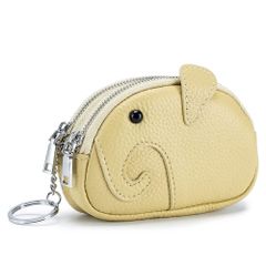 【特価商品】ミニ 小物入れ 小さめ 財布 ポーチ 2個収納 コンパクト スマートキーケース 男女兼用 キーリング付き 可愛いゾウ 本革 (イエロー) コインケース 小銭入れ