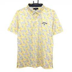 【超美品】キャロウェイ 半袖ポロシャツ イエロー×グレー リーフ柄 総柄 ロゴ刺しゅう  メンズ LL ゴルフウェア Callaway