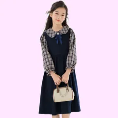 Size:140_Color:ネイビー [YY-Natuhi] 子供服 女の子 ワンピース ドレス セットアップ ブラウス シャツ サロペット 格子柄 長袖 キッズ ガールズ カジュアル フォーマル 120-170cm 春秋冬 通学 発表会 入学式 普段着 (
