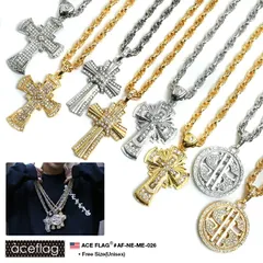 ACE FLAG ネックレス メンズ ゴールド/シルバー 80cm エースフラッグ チェーン ロング 高品質 ペンダント クロス 十字架 ドル おしゃれ 西海岸 ラッパー b系 ヒップホップ ブランド ギフト メール便 AF-NE-ME-026