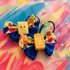 70 ハンドメイド　リボン　スイーツ　クッキー　ビスケット　青　ブルー　ヘアアクセサリー　ヘアゴム　女の子　キッズ　子供　おしゃれ　誕生日　プレゼント　クリスマス　保育園　幼稚園　小学生
