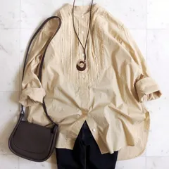 美品！【ビューティーアンドユース】コットン ピンタック バンドカラー シャツ  Fサイズ クリーム ウォッシャブル 長袖シャツ