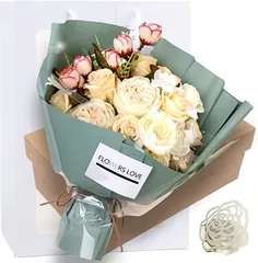 Capiner ソープフラワー 結婚記念日 彼女 薔薇 花束 ギフト 造花 メッセージカード ショップバッグ付( ホワイト)