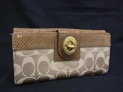 ■美品■ COACH コーチ パイソン型押しレザー×キャンバス ターンロック 二つ折り 長財布 ウォレット ブラウン系×ベージュ系 DH8047