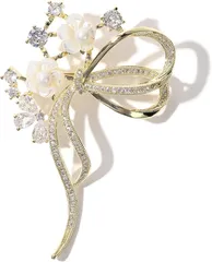 TIGLOSS ティグロス ブローチ ジルコン ジルコニア クリスタル 記念日 お祝い コサージュ セレモニー フォーマル ジェケット スーツ ギフト 結婚式 お呼ばれ ドレス パーティー ピン おしゃれ 花 りぼん 専用BOX付(ゴールド)