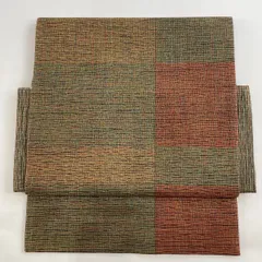 付け帯 美品 秀品 作り帯 変わり格子 金糸 ラメ糸 灰緑 正絹 【中古】