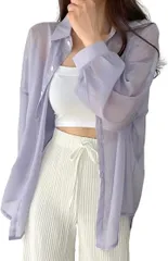 ririka シャツ シアー 長袖 オーバーサイズ 透け 無地 uvカット 冷房対策 襟 ゆったり きれいめ キャミソール 羽織 カーディガン 涼しい レディース Ｌ( パープル,  L)