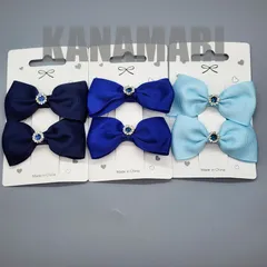 [T081]リボンバレッタセット（リボン4個）（キッズ、紺・青・水色・ブルー系、ヘアアクセサリー、ヘアクリップ、ハンドメイド、ラインストーン付き）