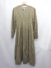 ◇ Θ N. Natural Beauty Basic 光沢感 Vネック 長袖 膝下丈 ワンピース サイズM カーキ レディース E  【1506250001884】