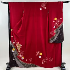 振袖 身丈167.5cm 裄丈66cm M 袷 御所車 桜 刺繍 絞り 赤 正絹 秀品 【中古】