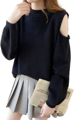 J-Scott 肩出しセーター ショルダーカット 長袖 ラウンドネック ニット ゆるシルエット パフスリーブ ヘルシーコーデ 大人リラクシー レディース(ブラック,  M)