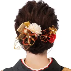 在庫処分　ヘアアクセサリー 和風 飾り 髪 結婚式 七五三 卒業式 浴衣 コーム 和装 着物 振袖 成人式 2枚セット 袴 花 細工 (赤) 水引 髪飾り [OTAKUMARKET]