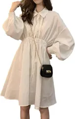 sleeping sheep(スリーピング シープ) 品よく ガーリーな ウエスト ギャザー シャツ ワンピース 長袖 Aライン レディース 白 黒 膝丈 ボリューム袖 ウエストマーク フレア チュニック( ホワイト,  L)