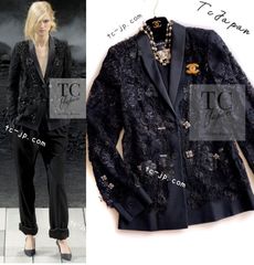 シャネル ジャケット CHANEL 91万 ブラック ルサージュ レース ビーズ サテン シルク カール・ラガーフェルド作品 超美品 38