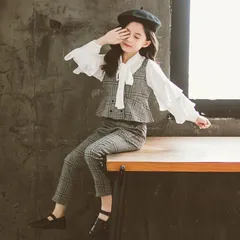 キッズ 入学式 スーツ 女の子 卒業式 子供服 フォーマル スーツ チェック柄 3点セット 結婚式 発表会 フォーマルスーツ 3点セット 子供スーツ 女の子 ジレ ブラウス パンツ XTDM834