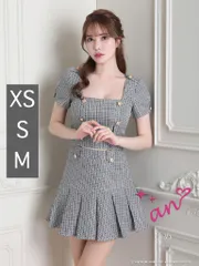 ブラックホワイト [AOC3469-BE-S230526]　AOC-3469【an /アン】ツイード/ ボタン/ ショートスリーブ/ 袖あり/ セットアップ/ Aライン/ 裾プリーツ/ ミニドレス/ キャバドレス mini dress