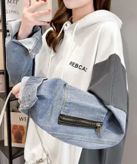 ドッキングパーカー フード付き トレーナー デニム 切り替え スウェット 薄手 オーバーサイズ トップス レディース ドロップショルダー 春秋冬 長袖 チュニック カジュアル 体型カバー ゆったり 着やせ プルオーバー 韓国風 2YIGULI-026