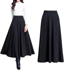 PLEAVIT ロングスカート フレア ハイウエスト レディース Aライン ウエストゴム マキシ丈 秋冬 エレガント(ブラック,  2XL)