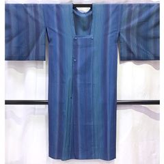SALE 着物 館林唐桟 綿紬 ストライプ 春夏 薄青 縦縞 Lサイズ あつらえ