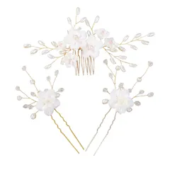 ヘッドドレス ウェディング 髪飾り 3点セット 花嫁 ブライダル コーム Uピンフラワー 花モチーフ ヘアピン かんざし 和装にも ヘッドアクセサリー 結婚式 披露宴 二次会 卒業式 入学式 パーティー ダンス 和装 撮影 (タイプB-ホワイト)
