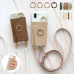 スマホケース スマホショルダー ハード スマホカバー ケース 全機種対応【クリアケース×スマホリング付きカード入れ ミラー ロングストラップ付き】194