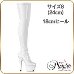 24 cm Pleaser プリーザー ニーハイブーツ サイハイブーツ 白 ホワイト エナメル ブーツ 厚底 18cm ヒール ピンヒール ポールダンス コスプレ 女装 用 ハイヒール ストレッチ 18センチ ヒール 靴 ADORE-3000