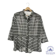 ☆美品☆ トップス ブラウス ボタン 大きいサイズ 七分 レディース ボーダー柄 L 麻 901-14281 送料無料 古着