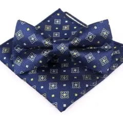 ネイビー 幾何学模様　蝶ネクタイとポケットチーフ　結婚式　発表会　七五三祝い　イベント　パーティー　ダンスパーティー　バーテンダー　卒業式　卒園式　入学式　入園式　入社式　成人式　父の日　蝶ネクタイ　チーフ　ネイビー色　紺色　ゴールド色　イエロー色　幾何学模様