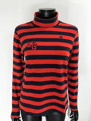 【USED】le coq sportif ルコック アクリル タートルネック 長袖 シャツ ボーダー ロゴ刺繍 レッド系 赤 レディース L ゴルフウェア