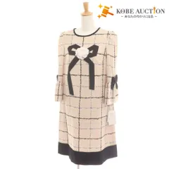 ■ エムズグレイシー ワンピース 七分袖 ひざ丈 トップス ボトムス ツイード チェック プリント レディース 40 ベージュ タグ付き 未使用