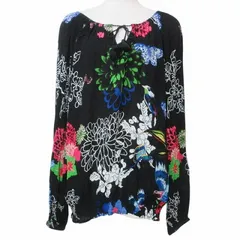 デシグアル Desigual 美品 17SS BLUS_RAQUEL ボヘミアン チュニック トップス ブラウス 花柄 バタフライ 刺繡 長袖 プルオーバー 楊柳 S 黒 ブラック X