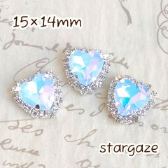 【 3個 】 15×14mm ガラス製 ハート センターパーツ ストーン ビジュー カボション ライトブルーオパール×シルバー