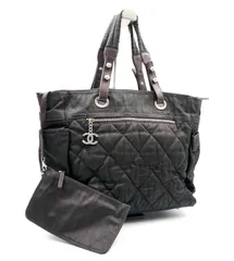 ■鑑定済み■CHANEL シャネル　パリビアリッツGM トートバッグ　ハンドバッグ　ミニポーチ付　キルティング　コーティングキャンバス×レザー　ブラック×ブラウン　シルバー金具　ココマークチャーム　ココボタン　底鋲　イタリア製　シリアルシール剥がれ(跡あり)