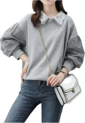 BEYANE レディース トップス 春 襟付き トレーナー レース 首元 プルオーバー カットソー チェック柄 可愛い 韓国 おしゃれ ゆったり 春物トップス ドッキング 重ね着 ラウンドネック ポケット 紐なし デザイン(グレー,  M)